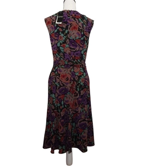 Lauren by Ralph Lauren Belted Crepe Floral Pattern Midi Dress Black Combo NWT 16 - Picture 4 of 14